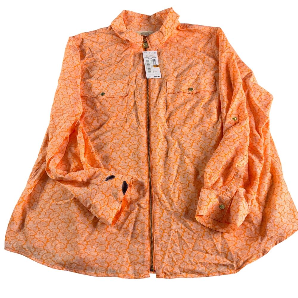 Michael Kors Blouse 3X Orange Paisley Zip Front Roll Tab Sleeve Plus NWT *Flaw